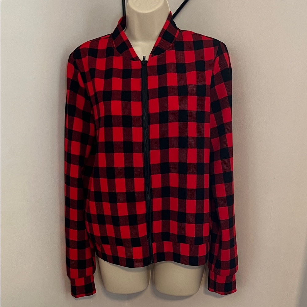 SHEIN Red and Black Checkered Bomber Jacket